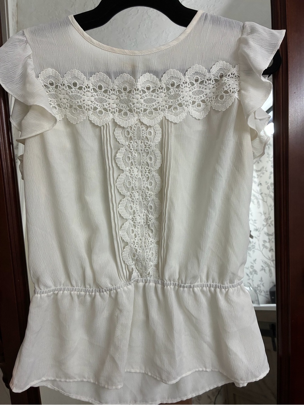 New York & Company Cream Lace-Trim Flutter Sleeve Blouse